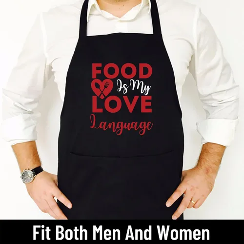 Vista 2 de Food Is My Love Language Foodie Chef Food Lover Blogger Delantales negros 1 tamaño para todos los hombres y mujeres Delantal de cocina, Negro