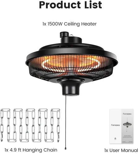 Vista 7 de Fanspex Calentador Colgante de Patio, Calentadores Eléctricos de 1500W por Infrarrojos para Hogar, Cenador, Garaje, Invernadero, Montaje en Techo