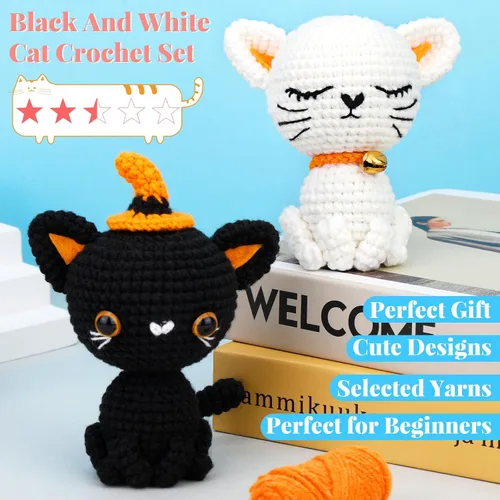 Vista 4 de Pnytty Kit de ganchillo para principiantes, kit de animales de ganchillo, kit de 2 piezas de ganchillo para principiantes de gatos, kit de tejer