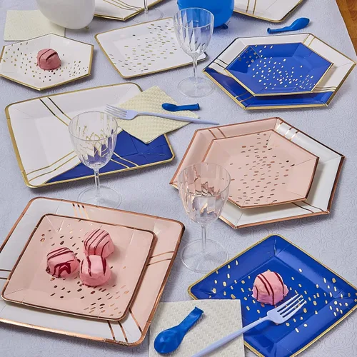Vista 2 de SILVER SPOONS Platos de papel desechables de diseño abstracto (18 unidades), platos de papel resistentes de 7 pulgadas, platos desechables de postre