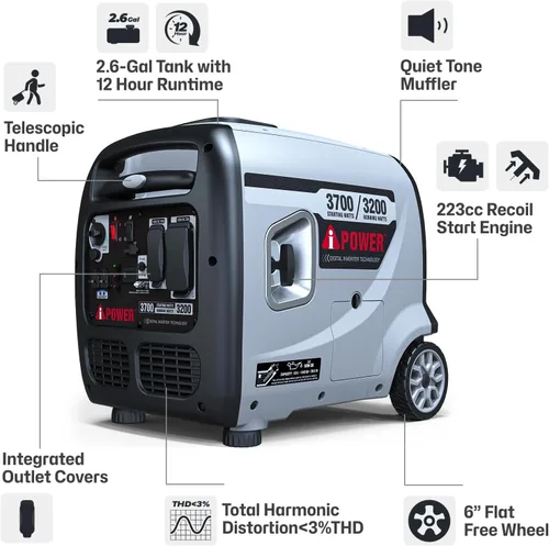 Vista 7 de A-iPower Generador inversor portátil, listo para autocaravana de 3700 W, cumple con la EPA, portátil con mango telescópico para uso doméstico