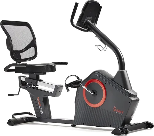 Vista 2 de Sunny Health & Fitness Smart Recumbent Bike with Pulse Sensors, Home Cycling Workout Machine w/Cushion Seat & Mesh-Backrest, Free SunnyFit App