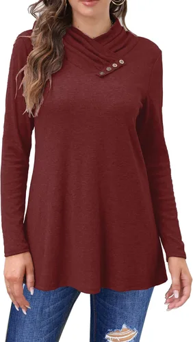 Vista 2 de Bluetime Camisetas de otoño para mujer, cuello vuelto, manga larga, estilo túnica, casuales, holgadas