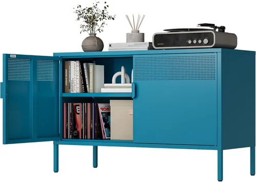 Vista 55 de Gabinete de almacenamiento de metal ancho negro, gabinete de acento de 2 puertas para el hogar y la oficina, gabinete de metal bajo de 2 niveles