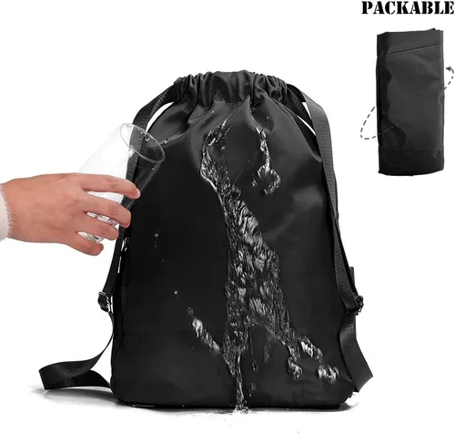 Vista 5 de ZOORON Mochila de gimnasio impermeable con cordón para hombres y mujeres, bolsa deportiva para gimnasio, mini mochila de viaje, A01-negro, Mochilas