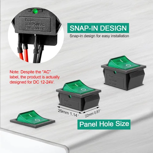 Vista 5 de KCD4 2Pcs DC 12V-24V 30A DPST interruptor basculante precableado de 4 pines y 2 posiciones ON/Off para barco con luz LED verde (Solo para DC12-24V)