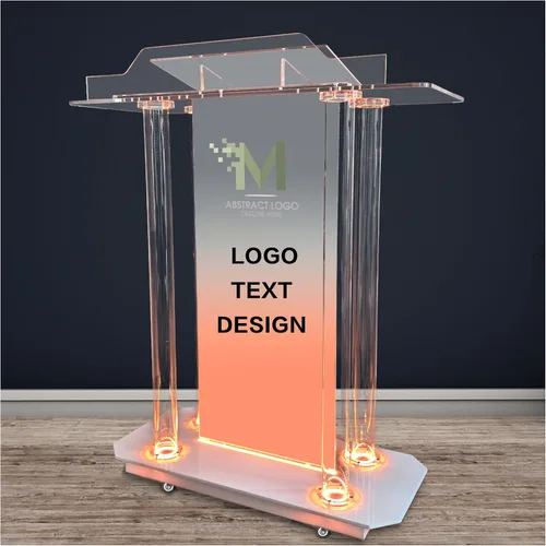 Vista 9 de Púlpito acrílico personalizable con logotipo y texto con ruedas, iluminación LED y plataforma de lectura vertical, atril de iglesia transparente