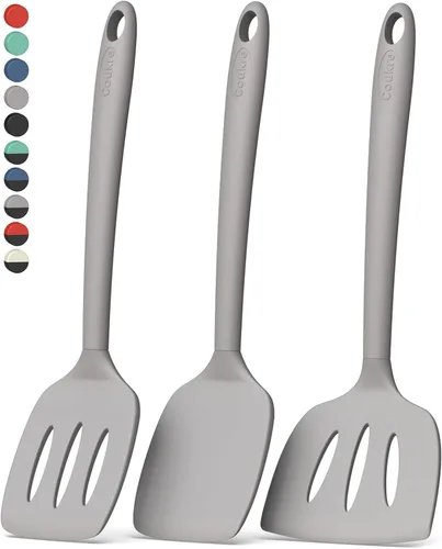 Vista 15 de Coukre Juego de 3 espátulas de silicona, resistentes a altas temperaturas, sin BPA, espátulas para pescado, mango sólido y ranurado para sartenes