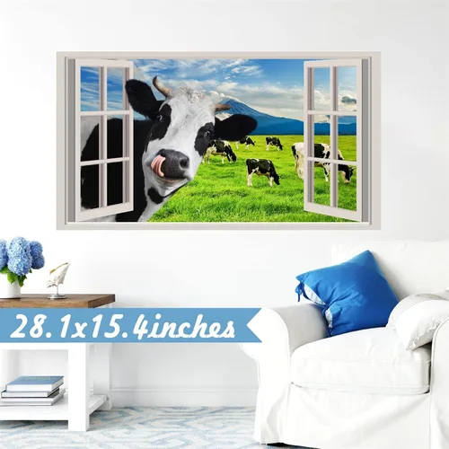 Vista 2 de Divertidas calcomanías de pared de vaca que se asoman, calcomanías de pared de vaca para despegar y pegar, calcomanías 3D falsas para decoración
