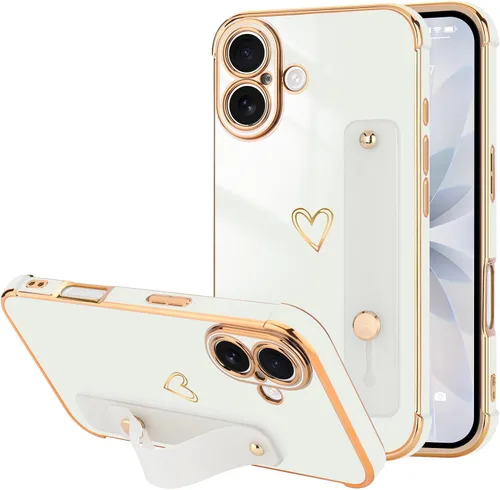 Vista 73 de LLZ.COQUE Funda compatible con iPhone 12 para mujeres y niñas, parachoques chapado de lujo con bonito diseño de corazón de amor, soporte de correa