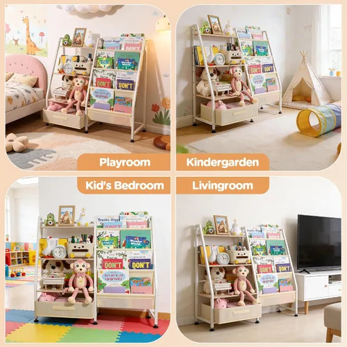 Vista 7 de Estantería para niños y almacenamiento de juguetes para habitaciones de niños, estantería para bebés con 4 estantes de eslinga y organizador
