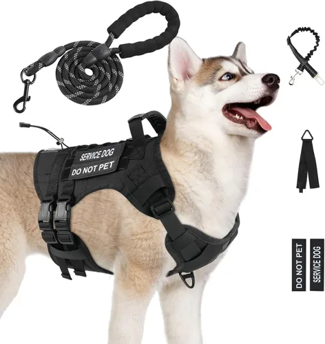 Vista 14 de Arnés táctico sin tirones para perro, tamaño pequeño, chaleco para perro de servicio, S, negro Arnés táctico y correa para perro, arnés ajustable