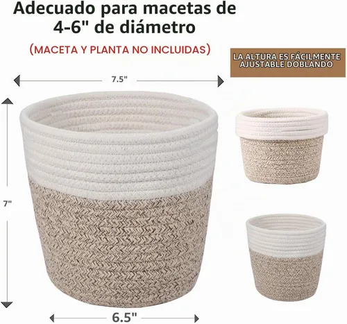 Vista 2 de Cesta de Planta de Cuerda de Algodón Cesta Tejida Moderna para Maceta de Flores de 6" Macetas de Interior de Piso, Organizador de Almacenamiento