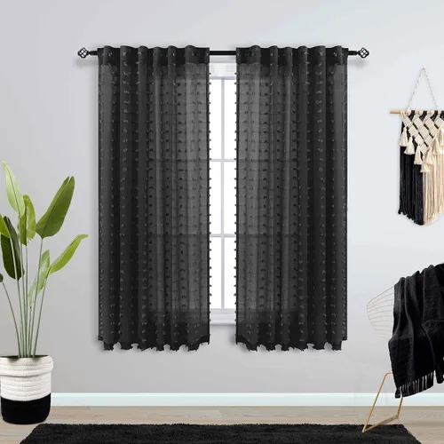 Vista 2 de Cortinas negras KOUFALL de 45 pulgadas de largo para ventana de cocina, cortinas transparentes con pompones y textura de encaje bohemio con bolsillo