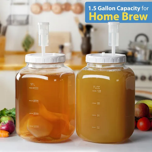 Vista 3 de Paquete de 2 frascos grandes de fermentación, frascos de vidrio de 1.5 galones con tapa 100% hermética y 3 válvulas de fermentación, frascos grandes