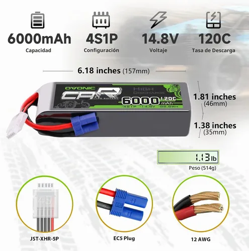 Vista 2 de OVONIC 4S LiPo Batería 6000mAh 14.8V 120C RC Batería con conector EC5 (paquete de 2)