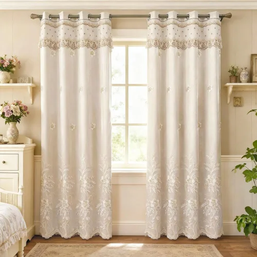 Vista 3 de Amidoudou 1 par de cortinas europeas de doble capa para sala de estar, dormitorio, cortinas bordadas de flores de lujo con cenefa