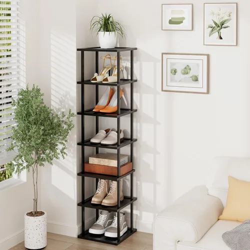 Vista 5 de Zapatero alto vertical para entrada, 7 niveles, delgado, estrecho, de madera de bambú, apilable, soporte de almacenamiento para botas, espacios Negro
