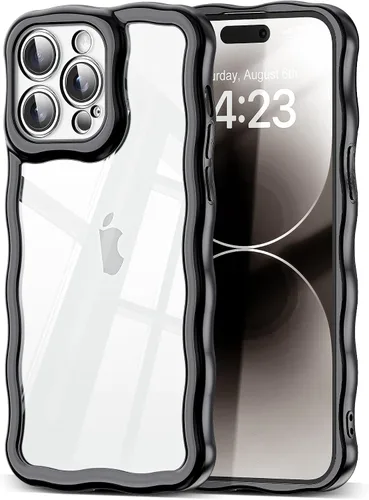 Vista 38 de SKYLMW Funda compatible con iPhone 12 Pro, diseño de ondas rizadas kawaii, borde chapado de lujo, elegante parte trasera transparente brillante, TPU