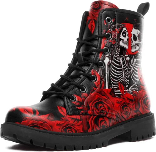 Vista 14 de Botines de combate para mujer, con estampado de corazón, botines cortos de moda con rosas y calavera, botas de trabajo duraderas con cordones