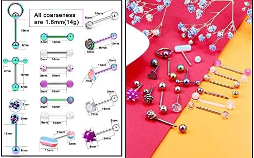 Vista 6 de Prjndjw Anillos de lengua de acero quirúrgico 14G para mujeres y hombres, barra doble con anillo esclavo, calavera, flor, bola de silicona suave