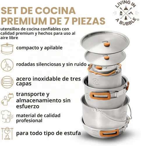 Vista 2 de Living in a Bubble Juego de cocina de acero inoxidable prémium de 7 piezas, acero inoxidable unido de tres capas, asas ergonómicas con funda