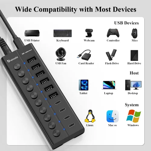 Vista 8 de Concentrador USB con alimentación, concentrador USB C de 10 puertos con 6 USB-A 3.2, 4 puertos USB-C 3.2, interruptores individuales y adaptador