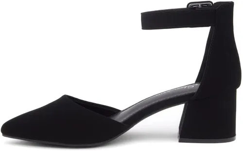 Vista 3 de Shoe Land SL-Kyana - Tacones de punta cerrada para mujer, tacones gruesos de bloque bajo, tacones puntiagudos negros y rojos para mujer, con correa
