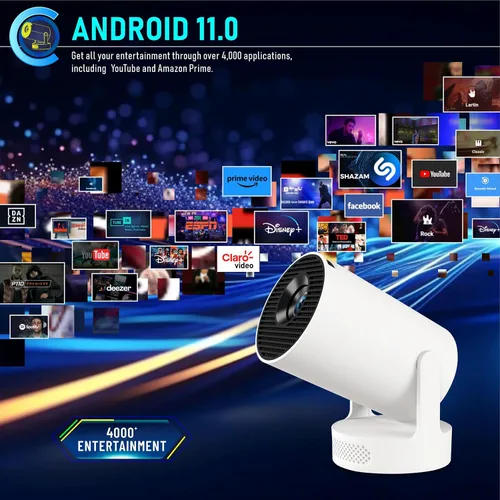 Vista 2 de Mini proyector portátil con alcance ultra corto, WiFi 6 y Bluetooth 5.4, soporte 4K, proyector inteligente Android 11 con más de 4000 aplicaciones