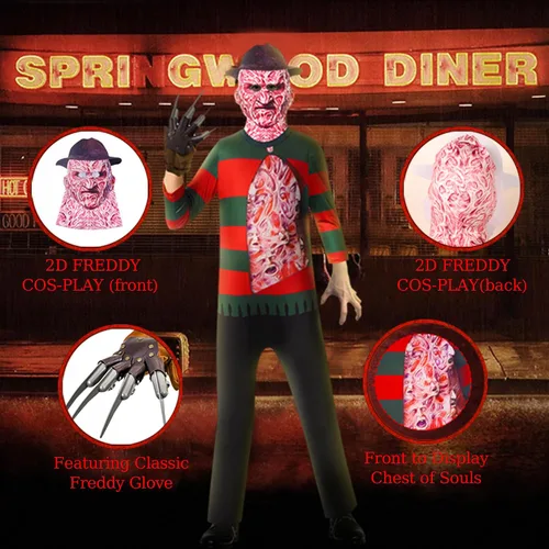 Vista 4 de Disfraz de Halloween de Freddy para niños, traje de asesino de terror aterrador, conjunto de cosplay con guante, para niñosniñas de 4 a 12 años