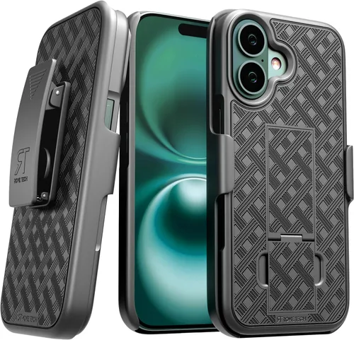 Vista 14 de Funda diseñada para iPhone 15 con funda de clip para cinturón, funda con función atril, color negro