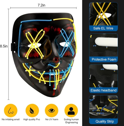Vista 4 de Máscara de Halloween con luz LED, máscara de miedo de purga con alambre EL, para cosplay, fiestas de disfraces, fiestas de disfraces para niños