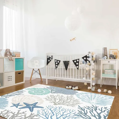 Vista 6 de Alfombra rectangular rectangular náutica azul para sala de estar, 4 x 6 pies, alfombra antideslizante de verano con diseño de conchas de mar y Coral
