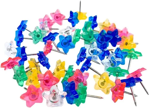 Vista 2 de 100 tachuelas de plástico con forma de estrella para pulgar, chinchetas decorativas, lindas chinchetas de corcho para tablón de anuncios, tachuelas