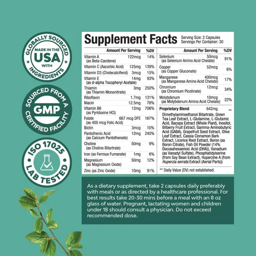 Vista 3 de Suplemento cerebral avanzado para memoria y concentración, suplemento de apoyo cerebral nootrópicos con vitaminas de memoria y enfoque para adultos
