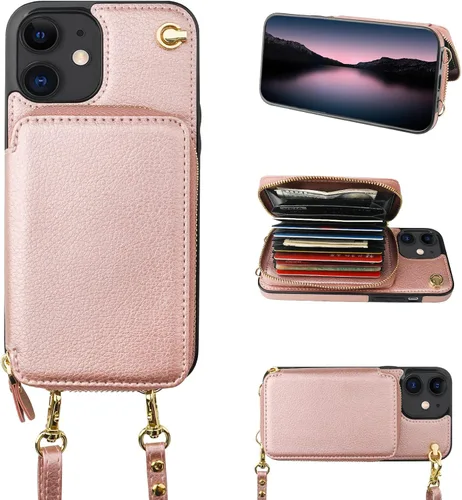Vista 11 de Bocasal Funda tipo cartera cruzada para iPhone 12/12 Pro, funda de piel con bloqueo RFID y soporte para tarjetas, funda protectora con cremallera