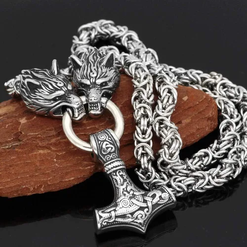 Vista 2 de GuoShuang Wolf Head with Thor Mjolnir Pendant Necklace Stainless Steel - King Chain