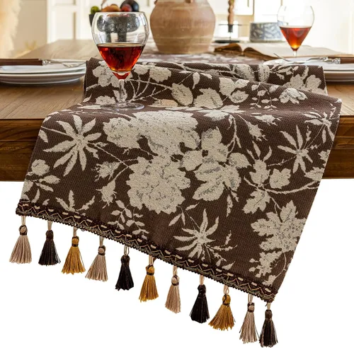 Vista 10 de Camino de mesa botánico floral para sala de estar, camino de mesa de comedor de flores jacquard con borlas, moderno, decorativo, elegante, natural