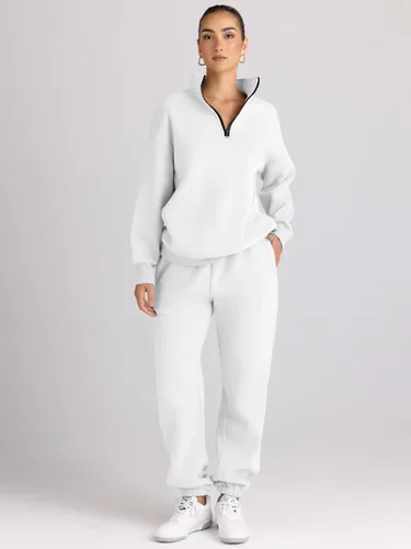 Vista 2 de AUTOMET Conjunto deportivo de 2 piezas para mujer, manga larga, media cremallera y pantalones deportivos holgados con bolsillos