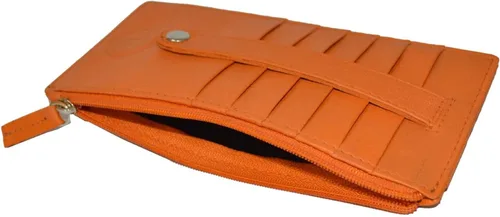 Vista 6 de Leatherboss - Funda para tarjetas todo en uno, cartera delgada con correa de protección para tarjetas, Naranja, Compacto