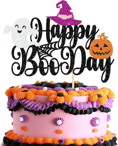 Vista 8 de Paquete de 24 adornos para cupcakes de Halloween con purpurina rosa, fantasma, pequeño abucheo, murciélago, bruja, gato, calabaza, magdalena