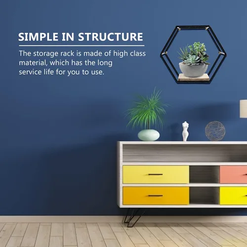 Vista 6 de Happyyami Estante de almacenamiento hexagonal de hierro negro montado en la pared, estante flotante decorativo para plantas suculentas y libros