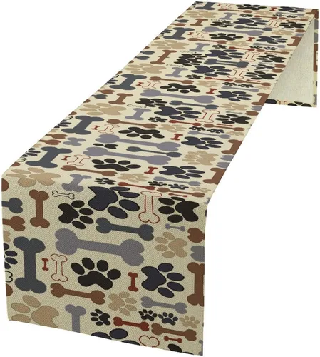 Vista 25 de Camino de mesa con diseño de patas de perro, lindo animal con estampado de patas de cachorro, decoración de fiesta de cumpleaños, casa de campo