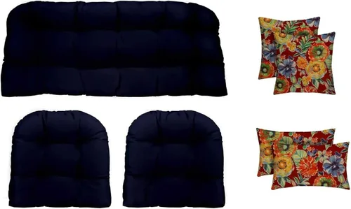 Vista 21 de RSH DECOR Juego de 7 piezas de mimbre copetudo para interiores y exteriores, sofá biplaza, cojines cuadrados y lumbares, hecho de telas aztecas