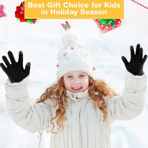 Vista 3 de SATINIOR 8 pares de guantes de invierno para niños, forro polar, guantes de punto elástico para pantalla táctil, guantes cálidos para niños, Negro