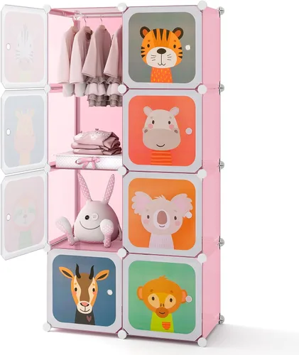 Vista 13 de HONEY JOY Armario para niños, organizador de almacenamiento de ropa de dibujos animados para bebés, 8 cubos y 2 secciones para colgar, armario Azul