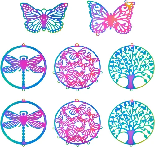 Vista 21 de FASHEWELRY 50 piezas de conectores de filigrana de mariposa de acero inoxidable, adornos de metal grabados con arco iris para fabricación de joyas