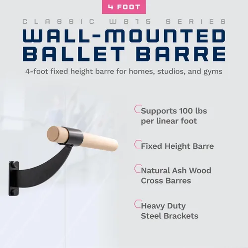 Vista 2 de VITA Barre - Barra de ballet individual montada en la pared, clásica WB15, madera Altura fija, fabricada en Estados Unidos, equipo de ejercicio