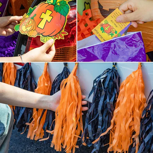 Vista 3 de Preboun 83 piezas de Halloween cristiana calabaza tronco o golosinas kit de decoración de coche incluye 9 decoraciones de borde de calabaza, 6 farol