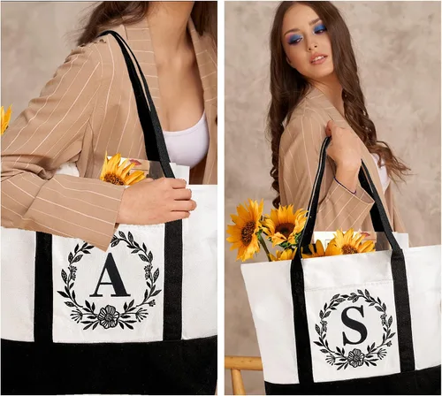 Vista 6 de BeeGreen Bolsa de lona con inicial con bolsa de maquillaje, monograma, bolsa de playa para mujeres, regalos personalizados para profesores, madres